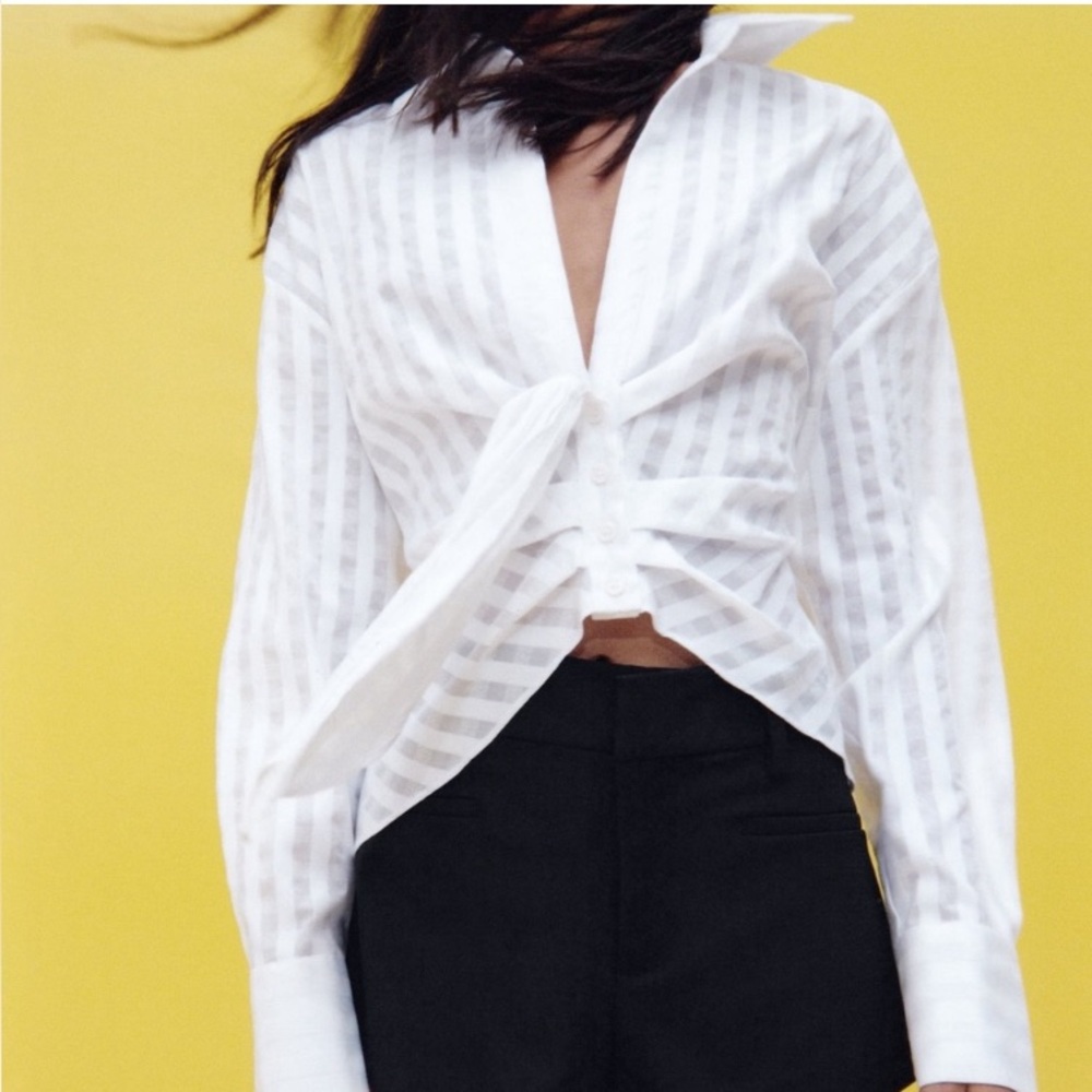 ZARA Top Blouse Long Sleeve White Ecru Cream Cotton Size Medium - Picture 2 of 13